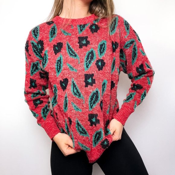 Vintage Sweaters - VINTAGE Red Green Leaf 90s Sweater
